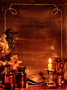 Halloween decor border with raven. Vintage stile.